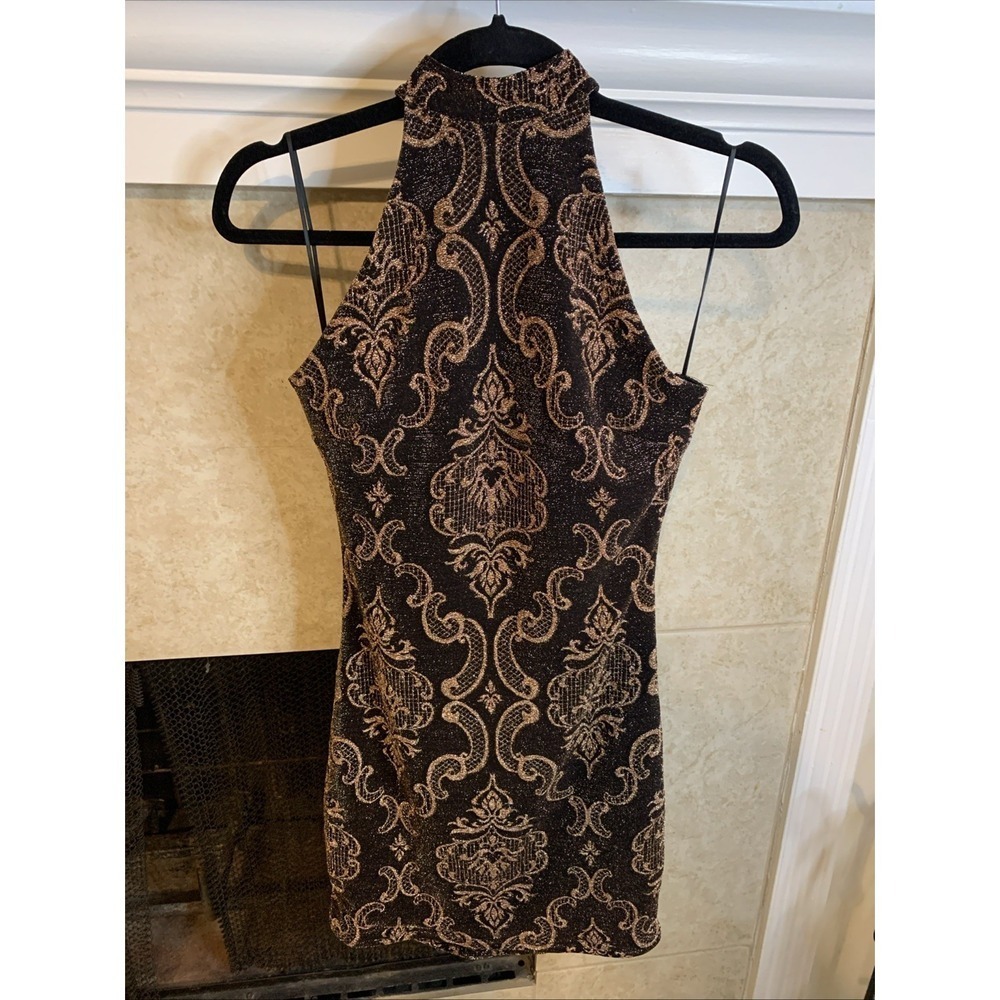 Privy Halter Dress Short Metallic Shimmer Gold Baroque Bodycon Party Night Large - Picture 2 of 4